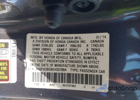2014 Honda Civic Lx from USA, damaged, VIN 2HGFG3B5XEH507864